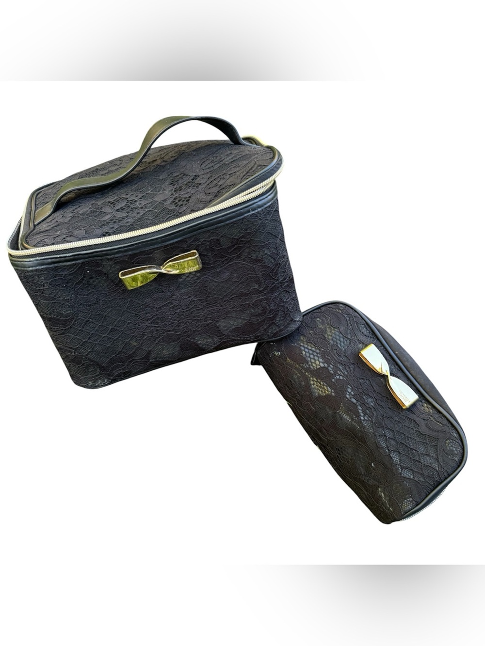 Victorias Secret Black Lace Elegant Gold Bow Girly Large & Mini Makeup Bag